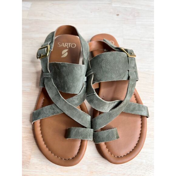 Franco Sarto Gia Suede Slip On Flat Strappy Sandals Green Women's Size 6.5 NWT - Picture 6 of 8